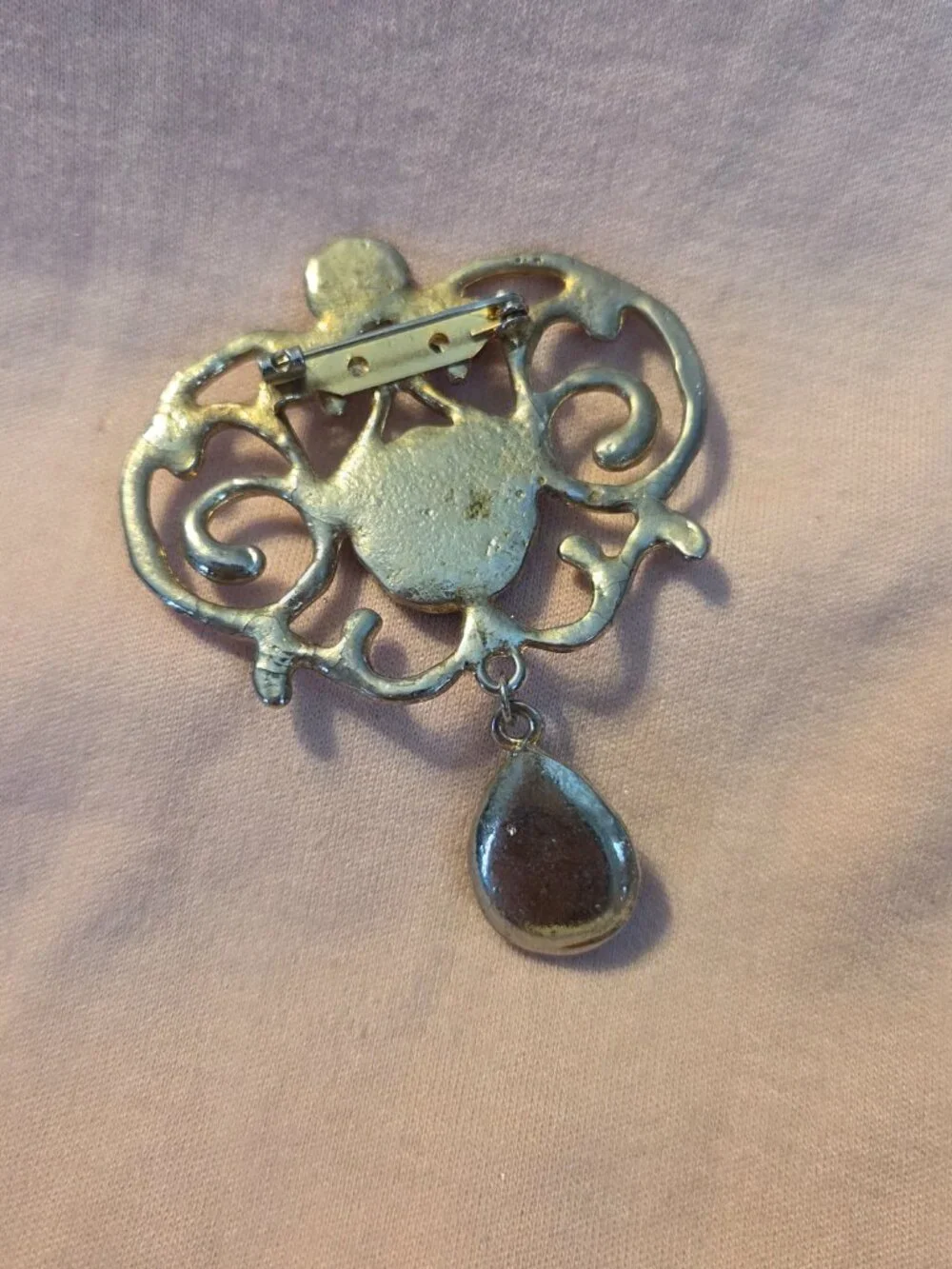 Vintage Silver-Tone Filigree Brooch | Ornate Scrollwork Pin with Blue Cabochon a